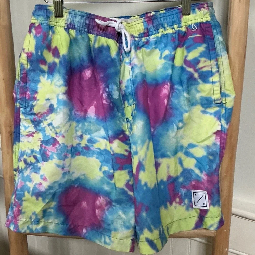American Eagle Mens Tie Dye Swim Trunks Blue Purple Yellow Mesh Liner Medium